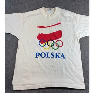 Vintage 90s Barcelona Olympic Games Poland T Shirt Mens Large White Cotton USA